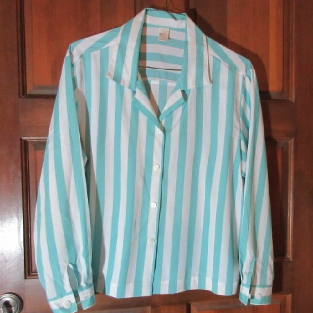 JANTZEN TURQUOISE WHITE POLYESTER BLOUSE Size 16